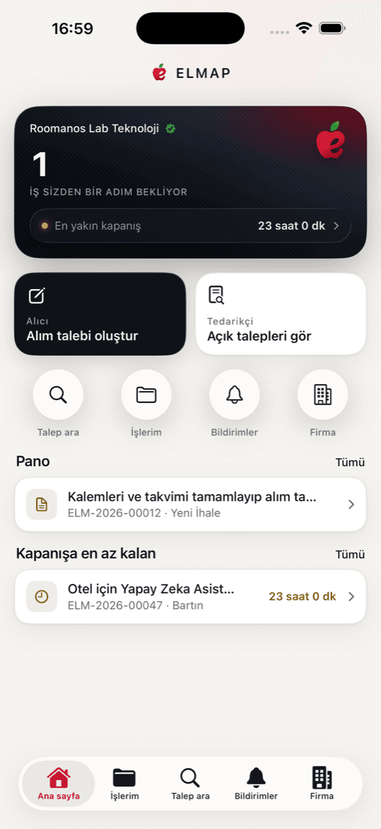 ELMAP uygulamasının ana ekranı: bekleyen iş sayısı, alıcı ve tedarikçi kısayolları, en yakın kapanış şeridi ve kapanışa en az kalan talepler.