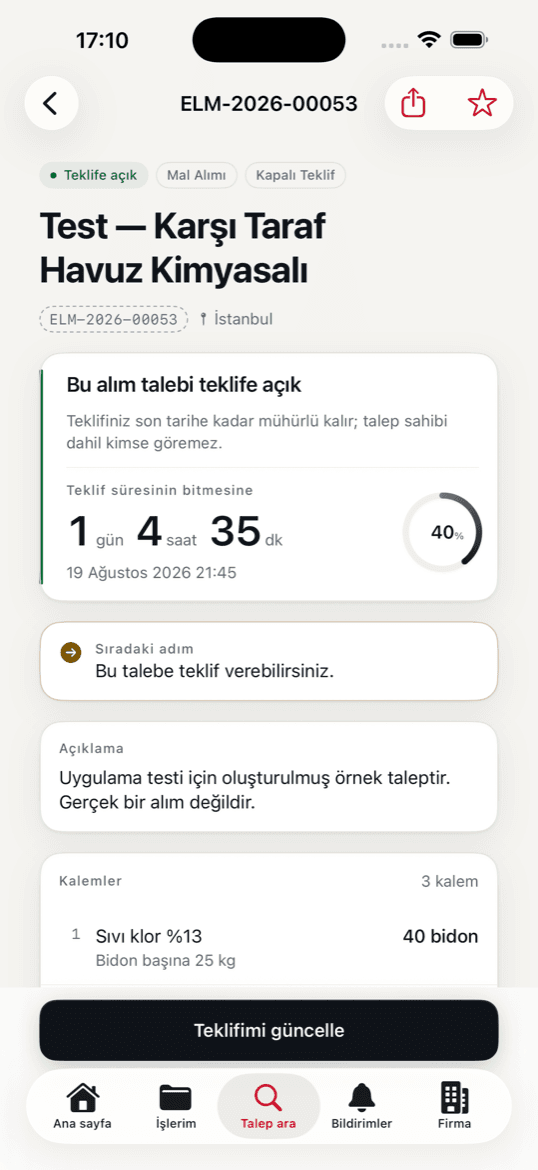 Uygulamada alım talebi detayı: kapanışa kalan süreyi gösteren geri sayım halkası ve talep takvimi.