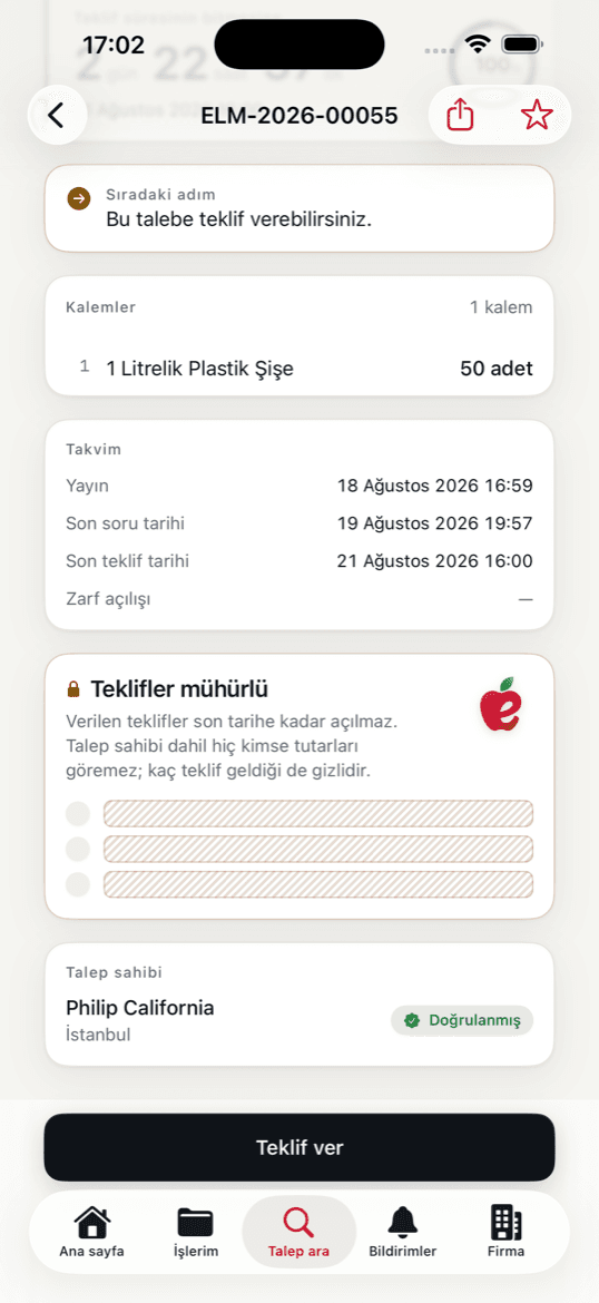 Uygulamada mühürlü teklifler kartı: teklif satırları taranmış biçimde kapalı, tutarlar ve teklif adedi görünmüyor.