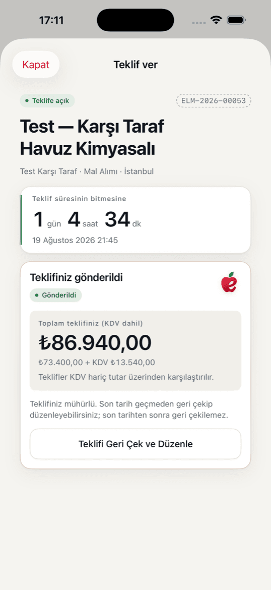 Uygulamada teklif tezgâhı: kalem kalem birim fiyat girişi ve sunucuda hesaplanan KDV ayrımı.